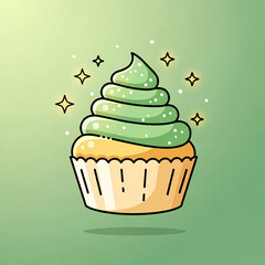 Illustration of a cupcake with green frosting and sparkles on a gradient green background.