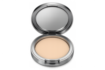 Compact powder case opened, revealing the beige powder and the small mirror, isolated on transparent background, perfect for beauty and makeup projects