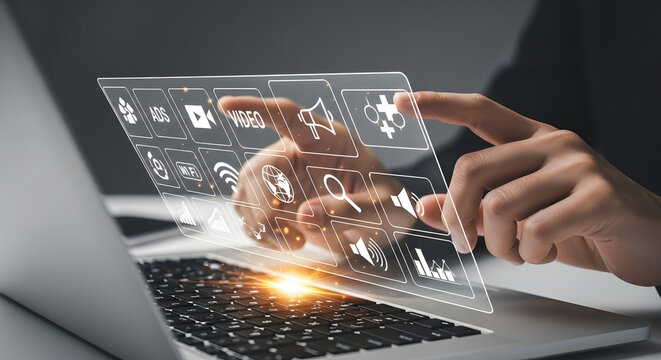 Close-up of hands interacting with a digital interface showing marketing icons like ads, Wi-Fi, data analysis, and social media, highlighting modern digital marketing strategies.