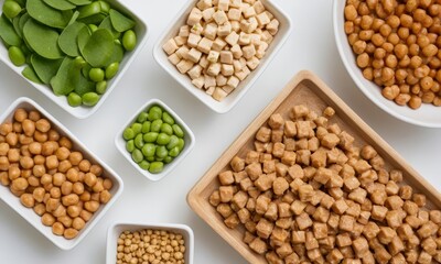 Fototapeta premium Various legumes and tofu displayed in bowls on a white surface