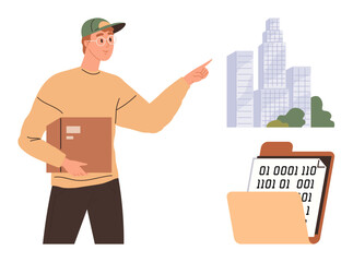 Man in casual attire holding a folder, pointing toward tall buildings and digital data on clipboard. Ideal for technology, business, innovation, urban development, education, presentations, teamwork