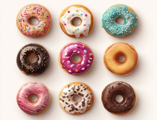 Nine glazed donuts in various colors and toppings