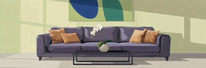 Stylized 2D graphic of modern living room with gray sofa and large abstract painting – Ideal for home decor, minimalist interiors, or contemporary design content