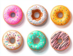 Six colorful glazed donuts in various toppings