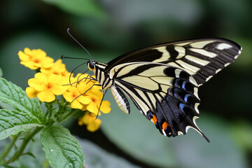 Fototapeta premium Butterfly resting on vibrant yellow flower in lush garden