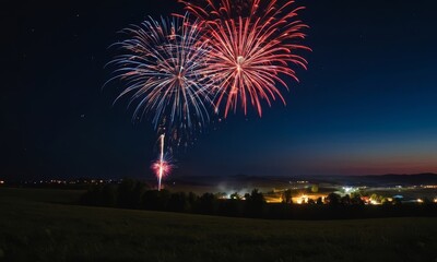 Spectacular fireworks display illuminates the night sky over cityscape
