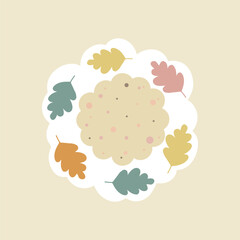 Cookie and autumn leaves. A cozy simple flat illustration featuring a beige, pink, and yellow color palette can be used as a sticker, icon, or tag.