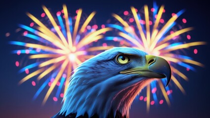 Patriotic eagle portrait with fireworks in the background celebrating independence day in america