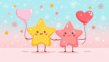 Cute star characters holding hands, balloons, snowflakes
