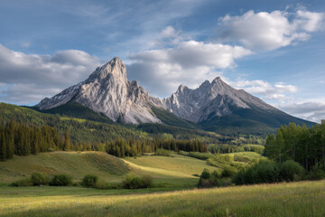 Obraz premium breathtaking summer mountain landscape in alberta showcasing majestic peaks and lush greenery