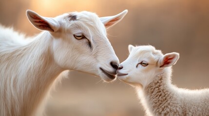 A heartwarming scene of a mother goat and her kid gently touching noses, surrounded by a soft blurred background that enhances their bond and the beauty of nature.