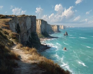 Obraz premium Coastal Cliffs And Turquoise Ocean Waves On A Sunny Day