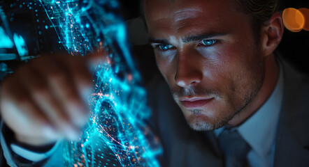 Businessman using a transparent touch screen with a digital world map interface. Modern technology concept.