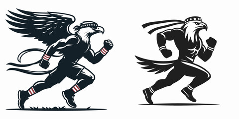 bald eagle jogging with patriotic sweatband. Independence Day 4th of July American Flag Patriotism Usa America Clipart Line Art Vector Illustration. bird running workout star spangled.