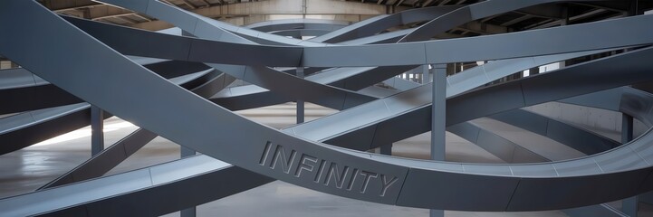 Fototapeta premium High-angle view of looping gray conveyor belts in warehouse – Ideal for logistics visuals, automation concepts, or industrial design