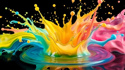 Vibrant Pastel Liquid Splash Explosion on Black Background – Hyperrealistic Abstract Paint Burst