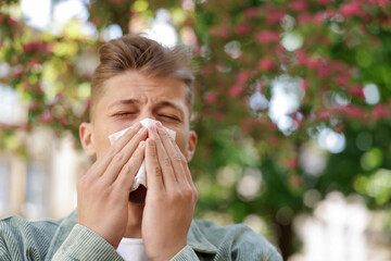 Young man with paper tissue suffering from seasonal pollen allergy near blossoming tree on spring...