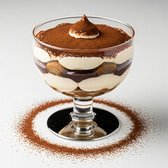 Tiramisu dessert in a clear glass goblet, with layers of cream, chocolate, and cake, topped with cocoa powder.
