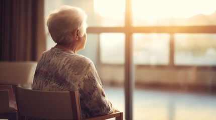 Elderly woman with confused expression sitting alone in empty room, empty chair symbolizing loneliness and memory loss, aging and dementia care concept.