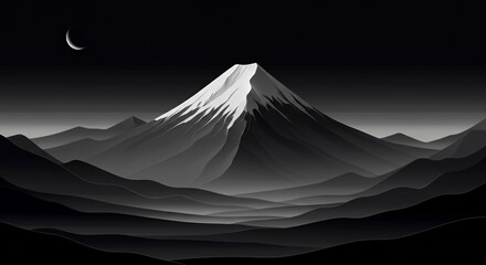 Minimalist Mountain Landscape at Night with Crescent Moon – Dark Aesthetic Art.