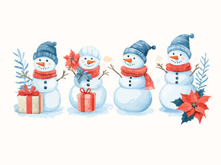 Watercolor Illustration of Four Snowmen with Hats Scarves Gifts and Poinsettias