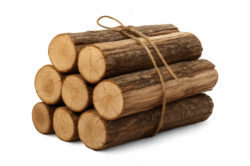 Wooden firewood logs tightly bound, resting on transparent surface, embodying rustic winter warmth and comfort