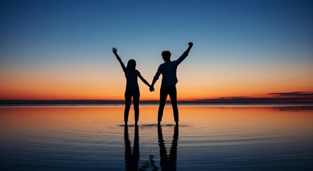 Fototapeta premium Silhouetted Couple Holding Hands at Sunset Over Calm Water.