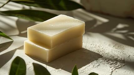 A stack of two bars of soap with leaf shadows on a textured surface in soft natural lighting and tones
