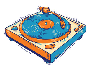 Drawn musical turntable vinyl record player, colorful music design
