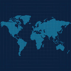 Digital dot world map on dark grid background. Modern data-style vector for tech presentations, network infographics, and global business themes.