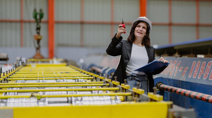 Woman engineer manager standing at steel production factory. Female inspector wears safety hard hat...