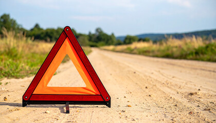 Red caution warning triangle sign on sandy road. Traffic sign.
