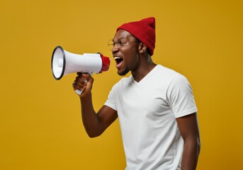 Fototapeta premium Man Shouting Through Megaphone on Yellow Background for Communication Concept.