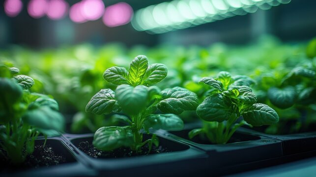 Close-up view of young vibrant green plants growing under artificial lights in a modern indoor farming setup showcasing healthy cultivation and sustainable agriculture
