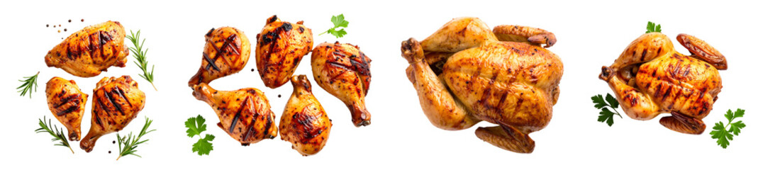 Delicious grilled chicken pieces served with fresh herbs and garnishes.