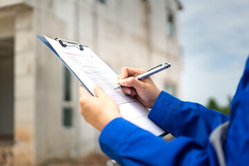 A construction foreman is checking on building quality checklist report during inspecting at the...