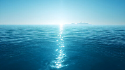 Fototapeta premium Calm ocean water with sunlight reflection, distant island on the horizon, peaceful nature scene --ar 16:9
