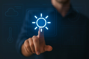 Futuristic digital interface with glowing sun icon and finger touch gesture for solar, weather, or energy control UI design