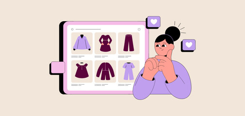 woman browsing clothes on tablet , vector illustration for e-commerce product discovery, digital fashion catalog and mobile shopping experience