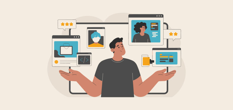 freelancer showcasing work on multiple online portfolio pages, vector illustration for building a freelance profile, digital personal branding and client project presentation