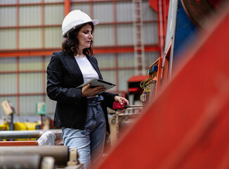 Woman engineer manager working at steel production factory. Female inspector wears safety hard hat...