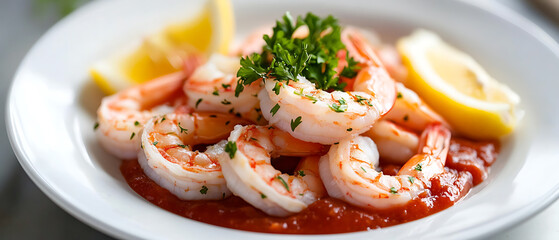 Grilled Shrimp with Tomato Sauce and Lemon Garnish