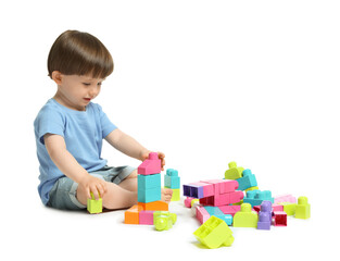 Obraz premium Cute little boy playing with building bricks on white background