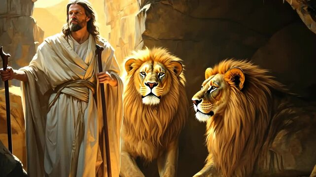 A brave and trustworthy Gods prophet at the lions den with lions around him