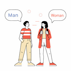 A man and a woman talking on the phone in a vector illustration, with a speech bubble symbol inside. Business people communicating.