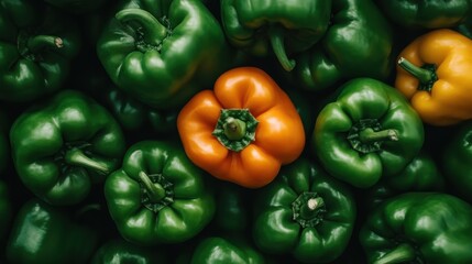 A striking image of green peppers with a single orange pepper stands out, symbolizing freshness and the beauty of natural produce in a healthy lifestyle.