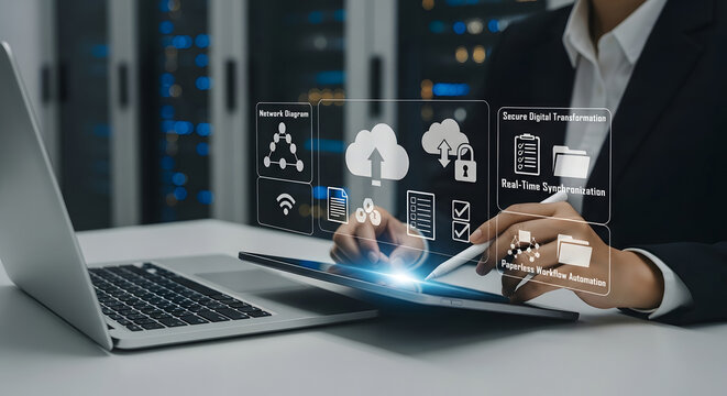 Person using tablet and laptop, interacting with digital icons representing cloud computing, secure digital transformation, real-time synchronization, and paperless workflow automation.