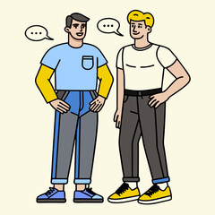 Two men talking with their friend when meet, vector illustration of modern urban life. Vector illustration of two people talking about business together.