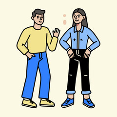 A man and a woman talking on the phone in a vector illustration, with a speech bubble symbol inside. Business people communicating.