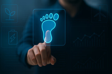 Futuristic Carbon Footprint Touchscreen Interface with Sustainable Energy Icons and Eco Data Visualization in a Clean Technology UI Design